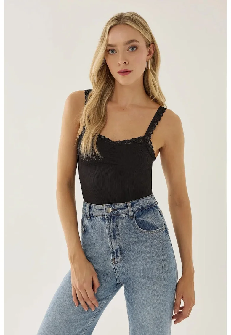 Top scurt cu dantela,  negru, jerseu, poliester