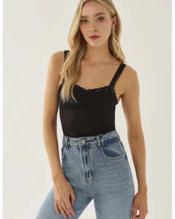Top scurt cu dantela,  negru, jerseu, poliester