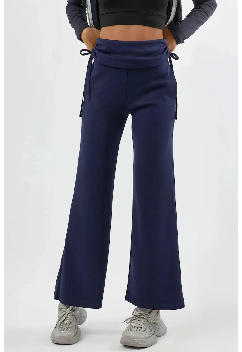 Pantaloni dama,  cu talie inalta, detalii volane, bleumarin, textil, Bleumarin