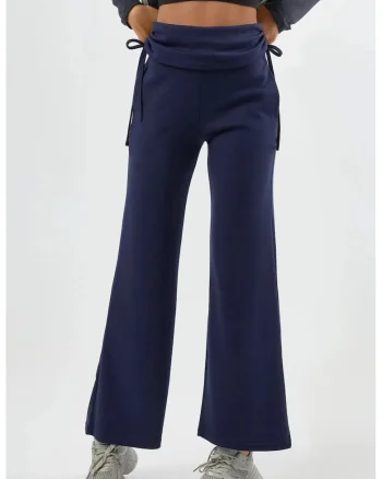 Pantaloni dama,  cu talie inalta, detalii volane, bleumarin, textil, Bleumarin