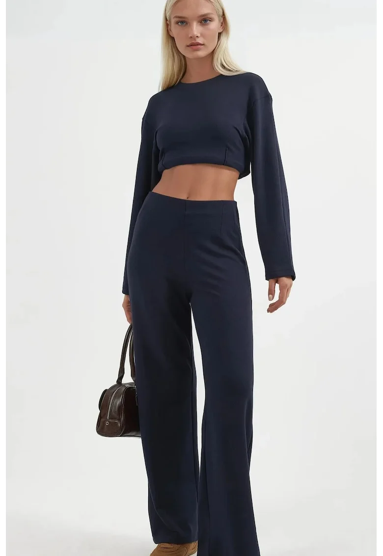 Pantaloni dama  drepti, talie inalta, albastru marin, textil, Bleumarin