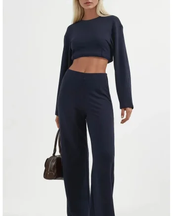 Pantaloni dama  drepti, talie inalta, albastru marin, textil, Bleumarin