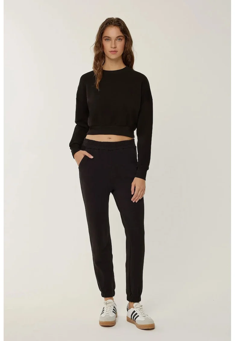 Pantaloni sport dama,  basic, negri, bumbac-elastan, design modern