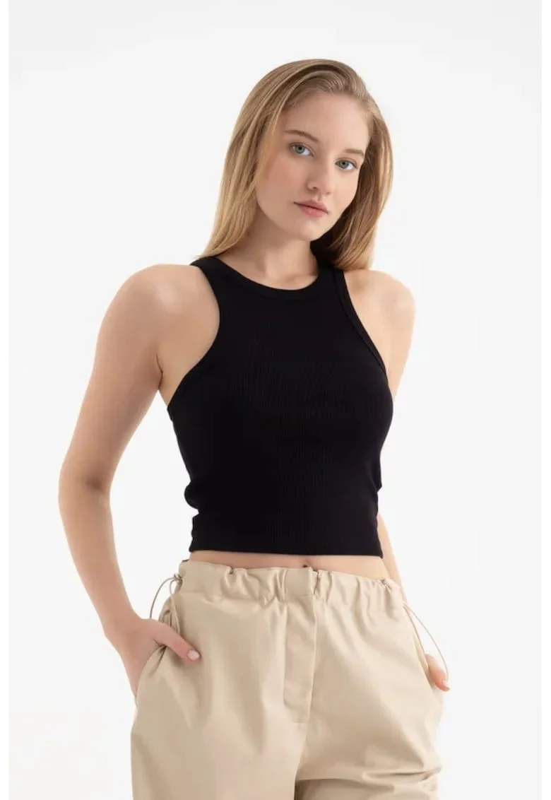 Maiou,  fara maneci, guler halter, nervuri, negru, textil