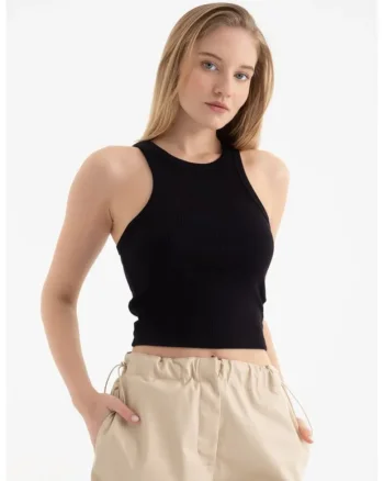 Maiou,  fara maneci, guler halter, nervuri, negru, textil