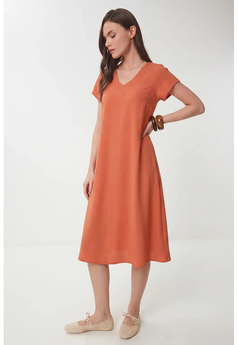 Rochie Midi, Happiness Istanbul, A-line, Portocaliu pal, Viscoza cu elastan