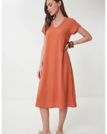 Rochie Midi, Happiness Istanbul, A-line, Portocaliu pal, Viscoza cu elastan