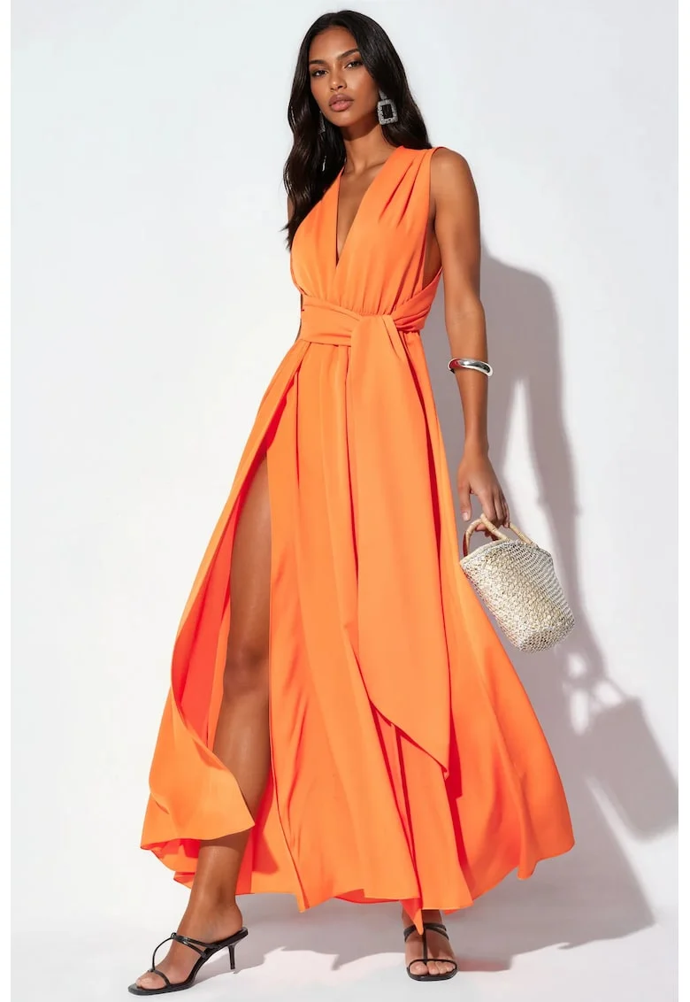 Rochie Maxi,  mulata, portocalie, poliester cu lycra, fara maneci, decolteu in V, cu crapatura