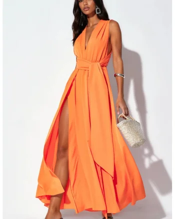 Rochie Maxi,  mulata, portocalie, poliester cu lycra, fara maneci, decolteu in V, cu crapatura
