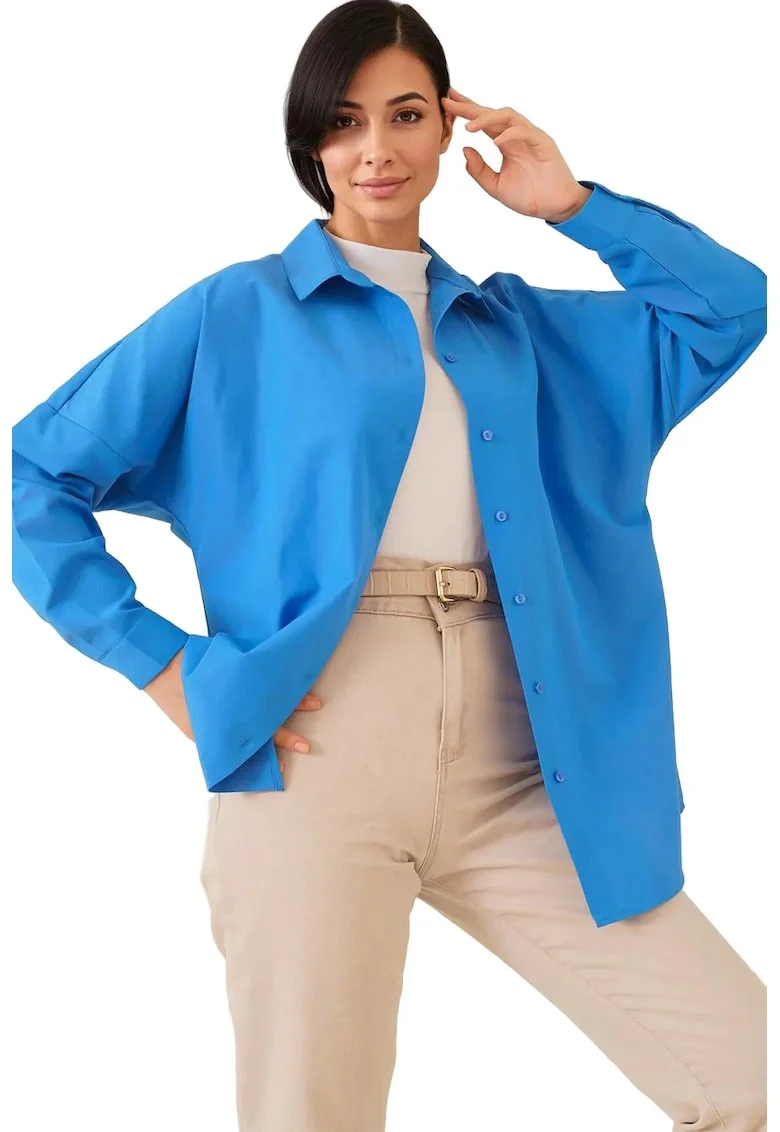 Camasa BigDart din poplin, croiala lejera, bumbac/ poliester, Albastru de cobalt, Albastru