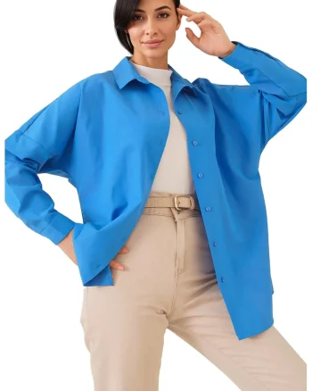 Camasa BigDart din poplin, croiala lejera, bumbac/ poliester, Albastru de cobalt, Albastru