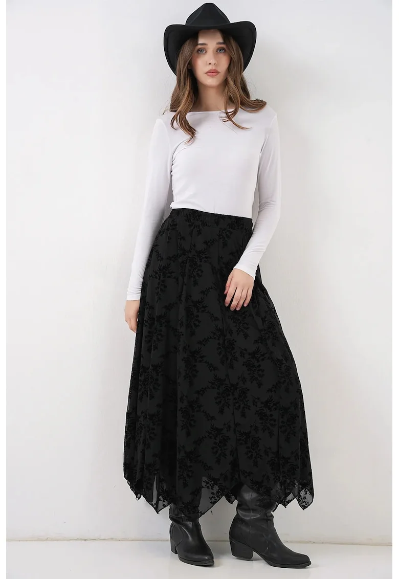 Fusta maxi  imprimeu floral, negru, Negru