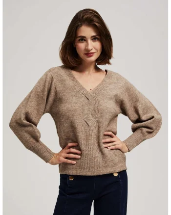 Pulover bej cu decolte in forma de V, Bej