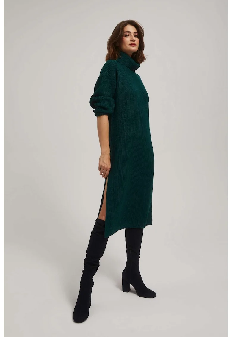 Rochie tricotata cu guler, smarald, Verde