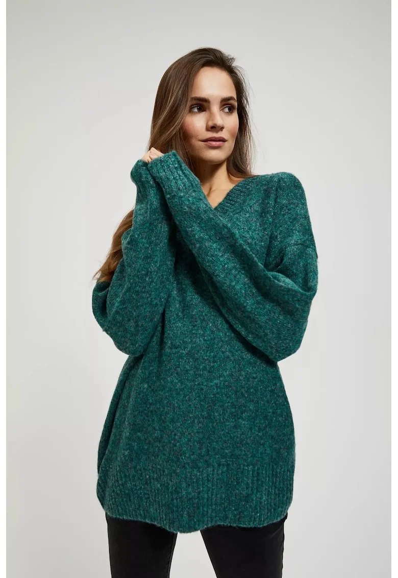 Pulover neted cu decolte in V, Verde