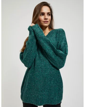 Pulover neted cu decolte in V, Verde