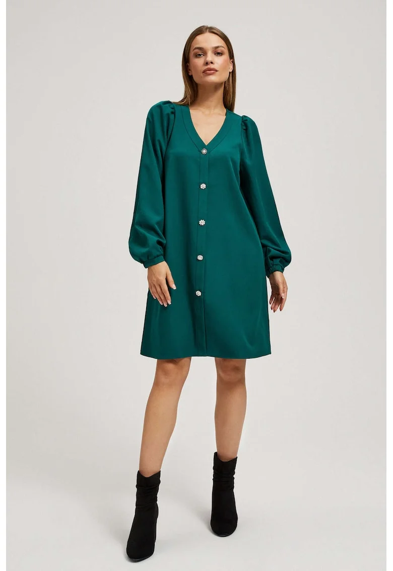 Rochie cu Maneci Tip Puff si Butoane Decorative in Smarald, Verde