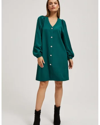 Rochie cu Maneci Tip Puff si Butoane Decorative in Smarald, Verde