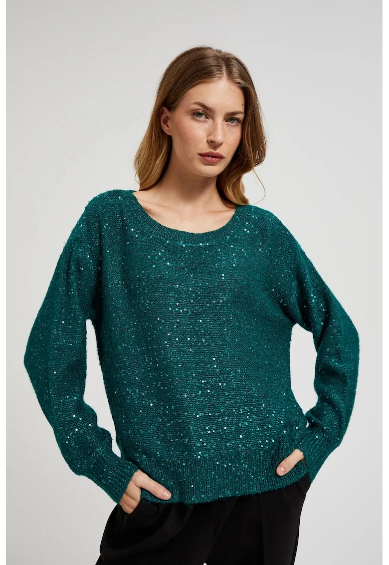 Pulover verde cu strasuri si decolteu rotund, Verde