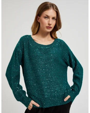 Pulover verde cu strasuri si decolteu rotund, Verde