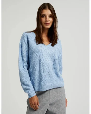 Pulover bleu cu decolteu in V, Albastru