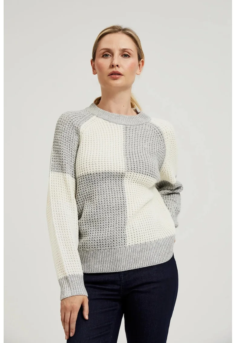 Pulover cu model geometric alb-gri, Alb