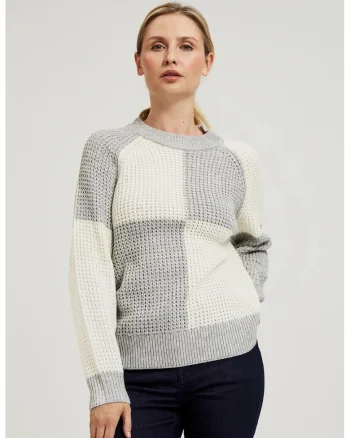 Pulover cu model geometric alb-gri, Alb