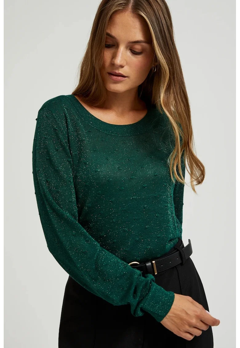 Pulover verde cu maneci lungi, decorat cu fir metalic, Verde