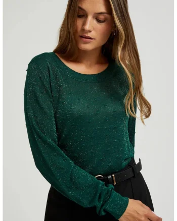Pulover verde cu maneci lungi, decorat cu fir metalic, Verde