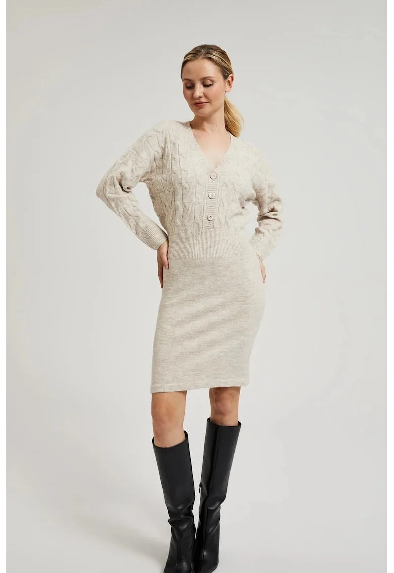 Rochie Tricotata Bej Decorata cu Butoane, Bej