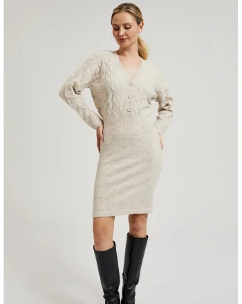 Rochie Tricotata Bej Decorata cu Butoane, Bej