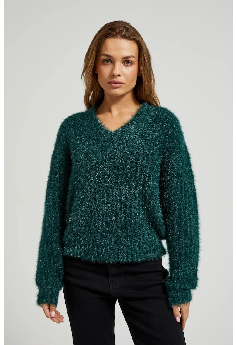 Pulover pufo cu fir metalic verde, Verde