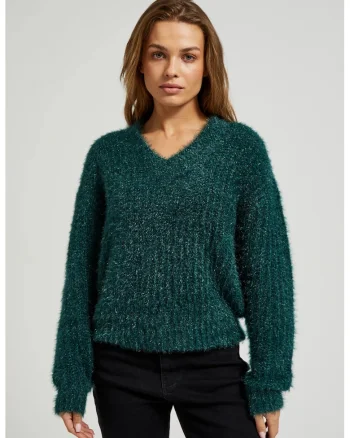 Pulover pufo cu fir metalic verde, Verde