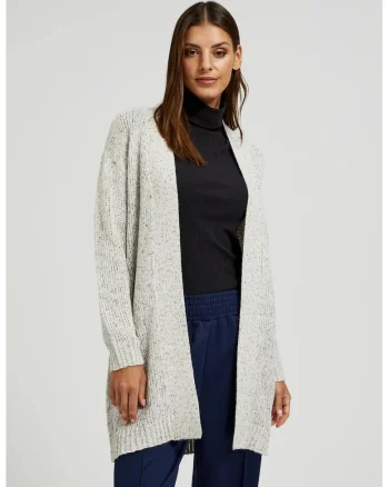 Cardigan bej cu lungime pana la mijlocul coapsei, Alb