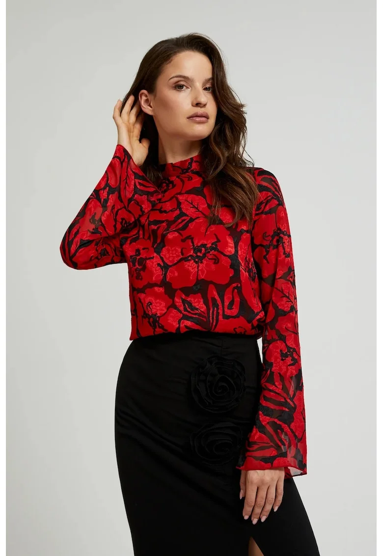 Camasa neagra cu model floral si maneci largi, Negru