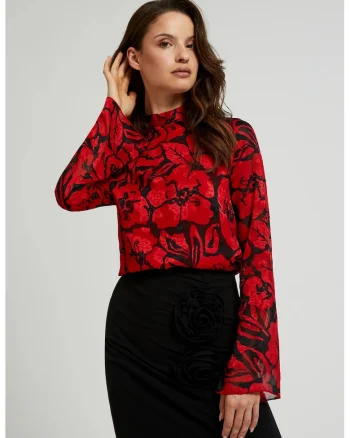 Camasa neagra cu model floral si maneci largi, Negru
