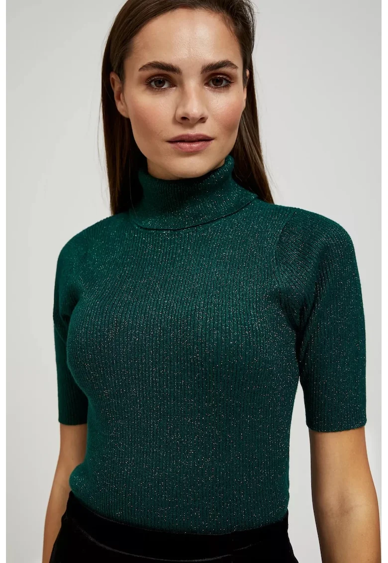 Pulover verde cu guler inalt, decorat cu fir metallic, Verde