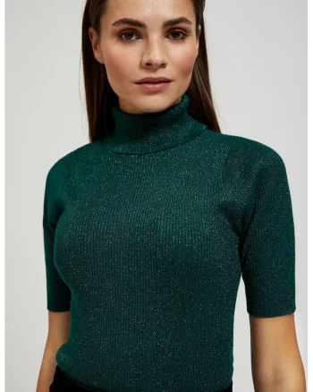 Pulover verde cu guler inalt, decorat cu fir metallic, Verde
