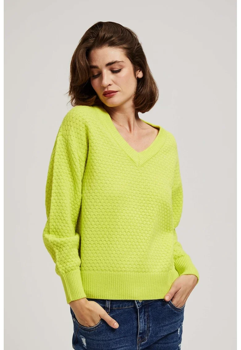 Pulover cu decolteu in V lime, Verde