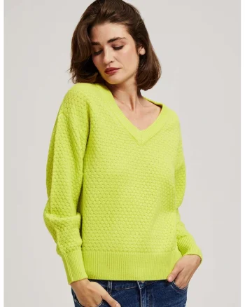 Pulover cu decolteu in V lime, Verde