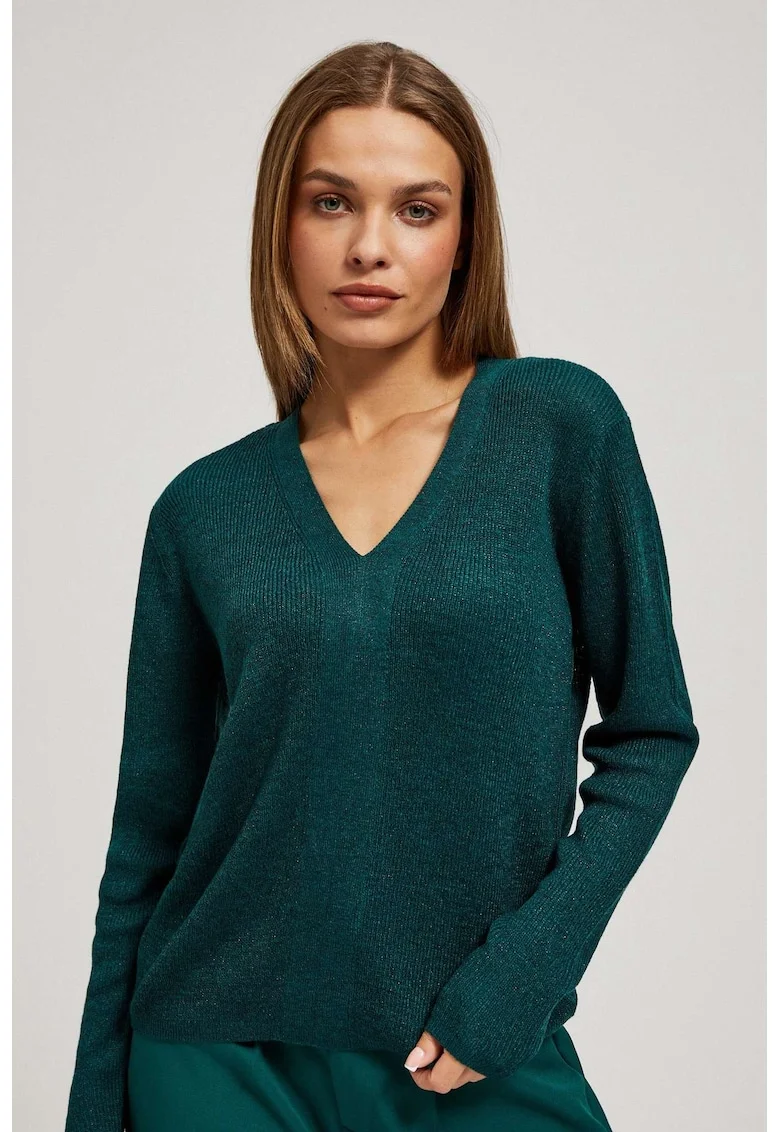 Pulover ajustat cu decolteu in V verde smarald, Verde