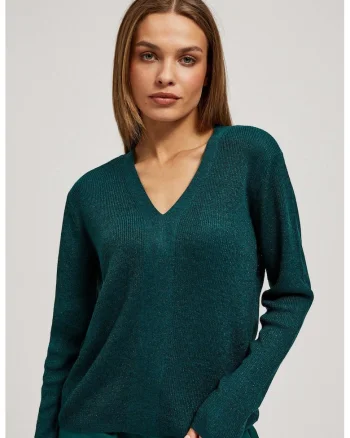 Pulover ajustat cu decolteu in V verde smarald, Verde