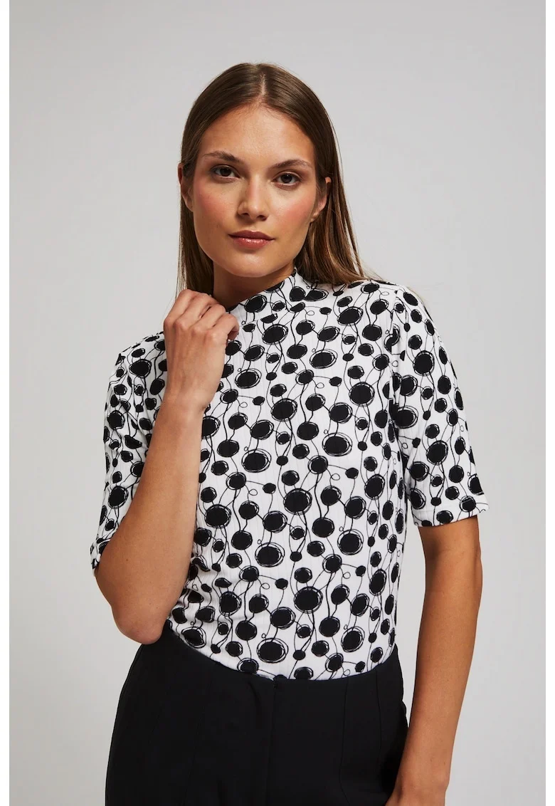 Bluza femei  guler fals, imprimeu negru, alb murdar, Alb