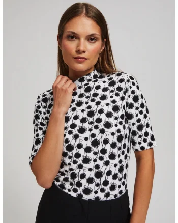 Bluza femei  guler fals, imprimeu negru, alb murdar, Alb