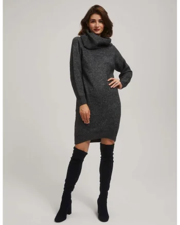 Rochie din tricot cu guler inalt grafit, Gri