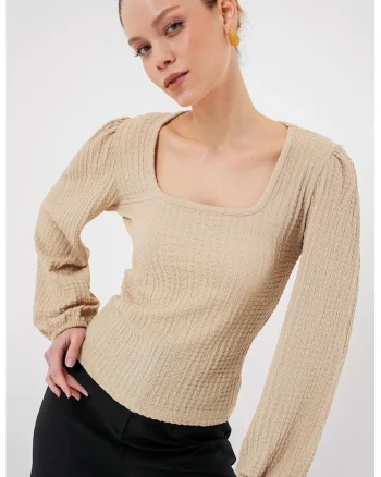 Bluza dama, HiCCUP, deolteu patrat, poliester/lycra, maro nisip