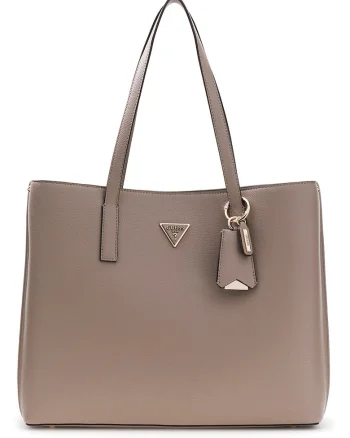 Geanta shopper de piele ecologica cu aplicatie logo, Grej