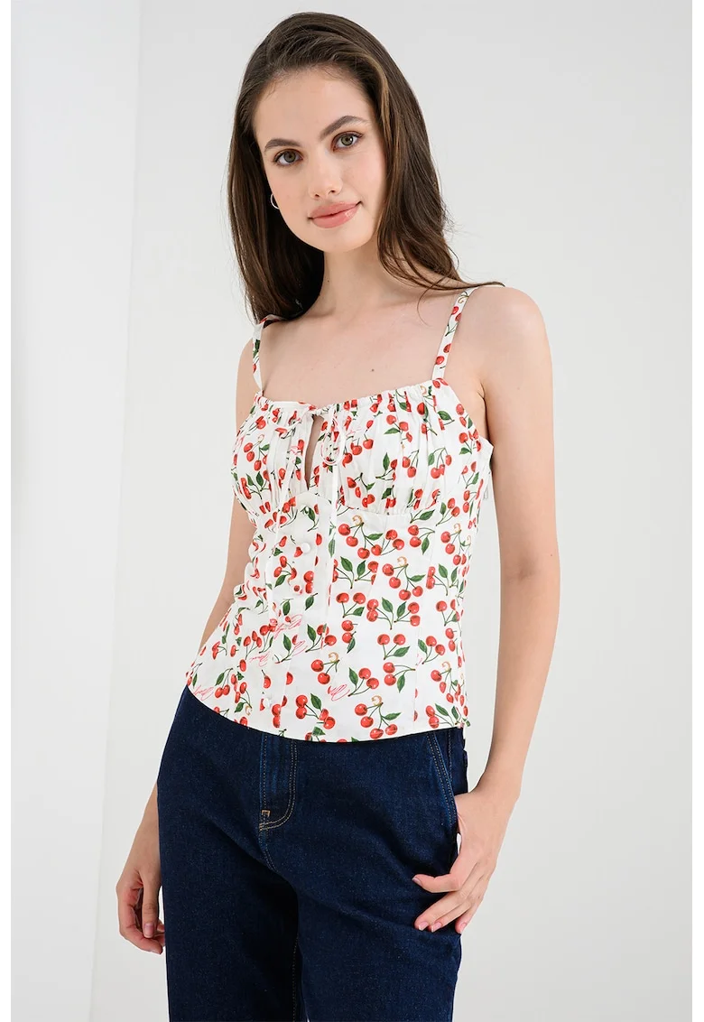 Top slim fit cu imprimeu cu cirese, Rosu cireasa/Alb murdar