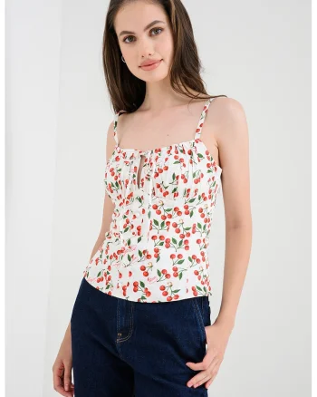Top slim fit cu imprimeu cu cirese, Rosu cireasa/Alb murdar