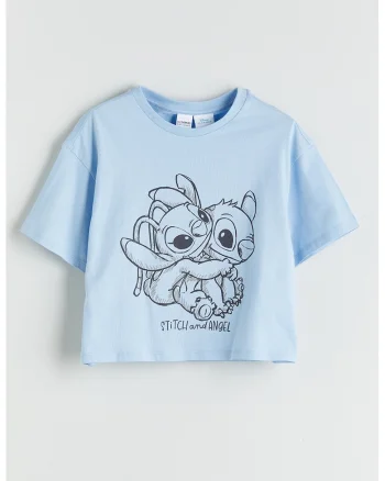 Tricou din bumbac cu imprimeu cu Stitch, Albastru pastel
